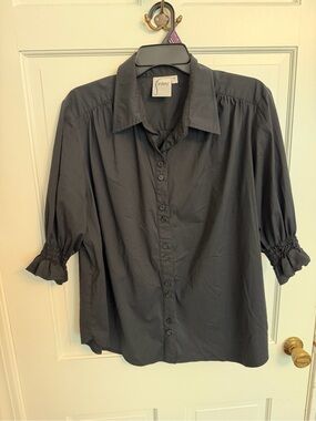 Finley Black Button-Front Blouse with Shirred Cuffs